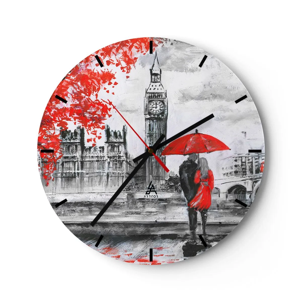Falióra, Óra - Egy pár egy piros esernyő alatt, a háttérben a Big Bennel és a Parlamenttel. - 30x30cm - Szerelmesek Londonban - Modern fali dekoráció nappalihoz, konyhához és hálószobához ARTTOR