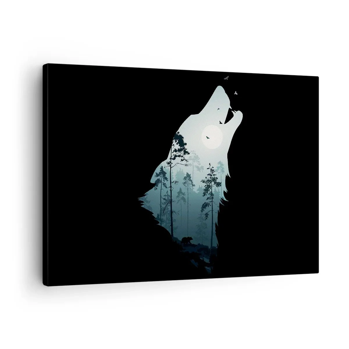 Vászonkép - Farkas sziluettje erdővel és holddal a háttérben - 70x50cm - Az erdei éjszaka hangja - Modern fali dekoráció nappalihoz és hálószobához ARTTOR
