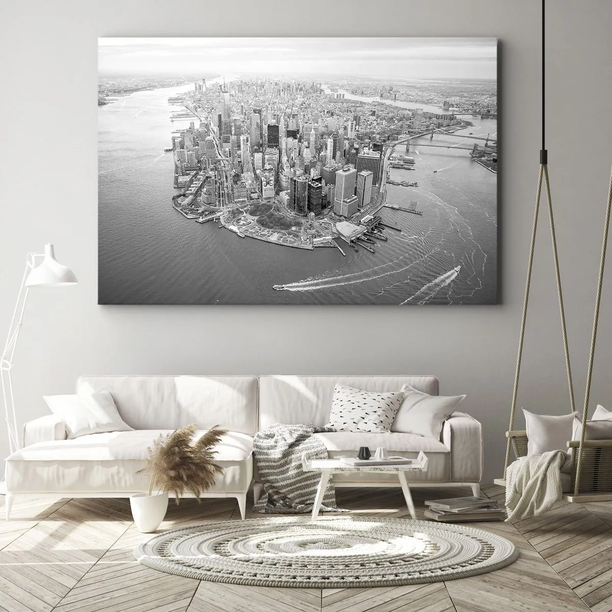 Vászonkép - Manhattan légi felvétele fekete-fehérben - 70x50cm - Hogy ne szeretném? - Modern fali dekoráció nappalihoz és hálószobához ARTTOR
