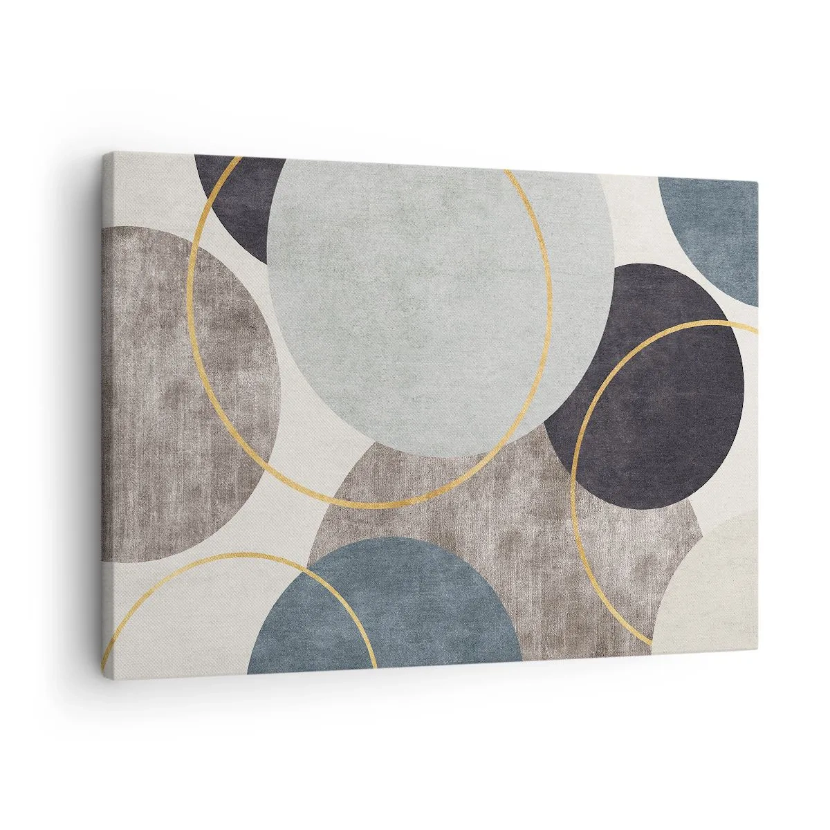 Vászonkép - Geometrikus körök szürke, kék és arany árnyalatokban - 70x50cm - Kerékről kerékre - Modern fali dekoráció nappalihoz és hálószobához ARTTOR