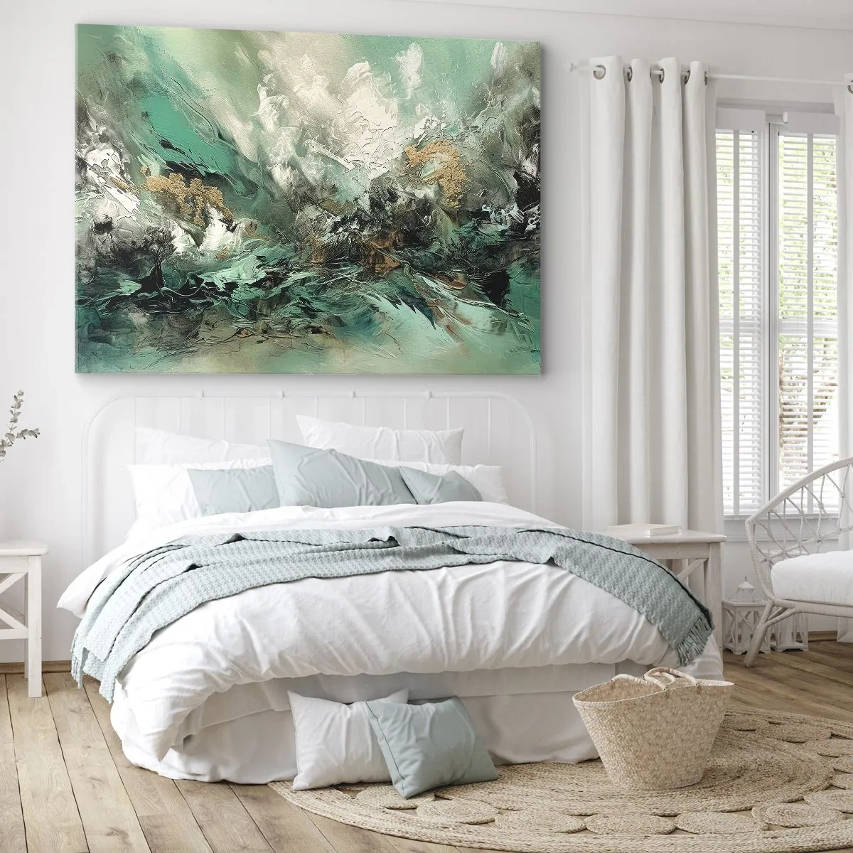 Vászonkép - Absztrakt tájkép zöld és arany árnyalatokban - 70x50cm - Smaragd-fekete kelés - Modern fali dekoráció nappalihoz és hálószobához ARTTOR