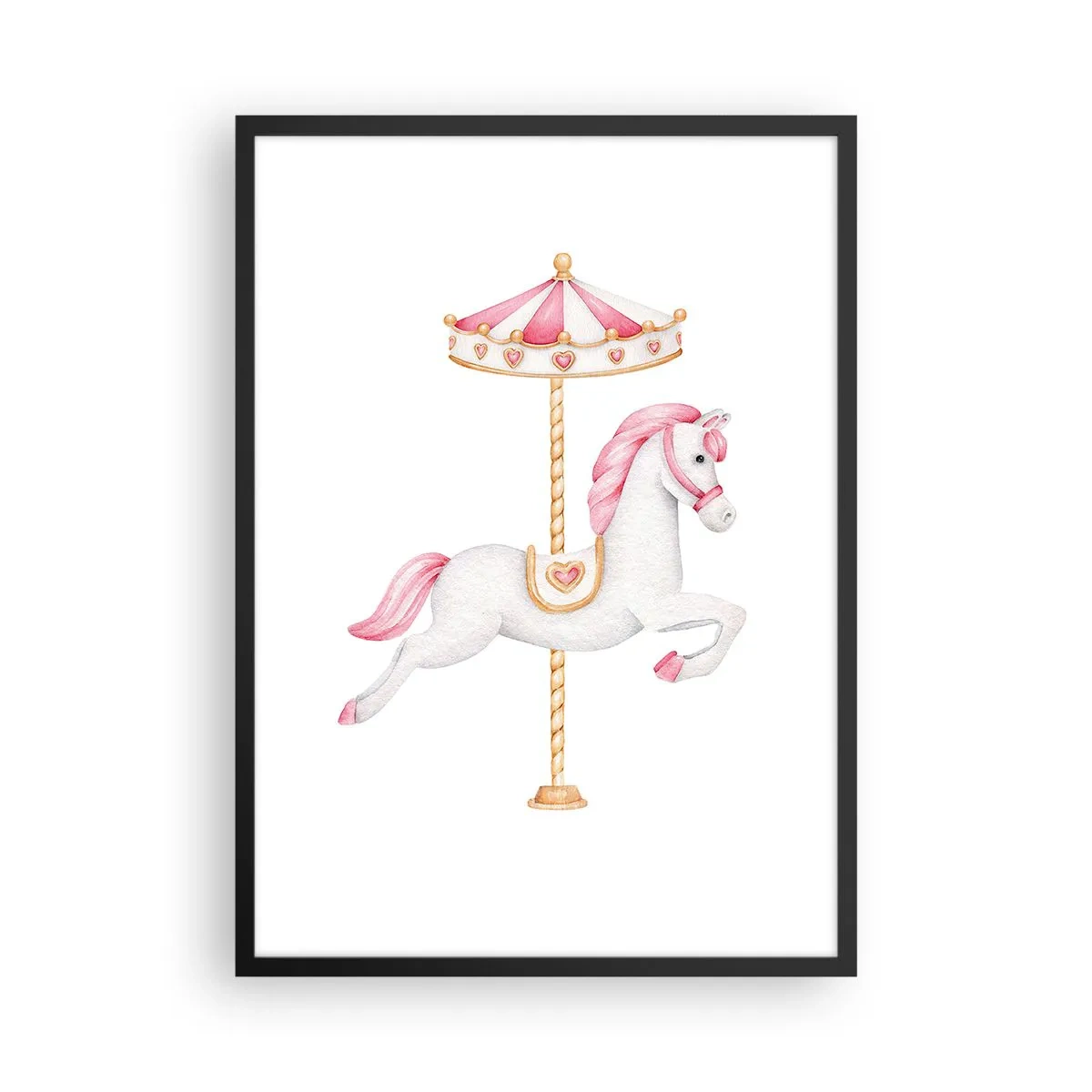 Poszter fehér keretben - Egy bájos fehér ló pasztellszínű körhintán - 50x70cm - Elindult egy patával - Modern fali dekoráció nappalihoz és hálószobához ARTTOR