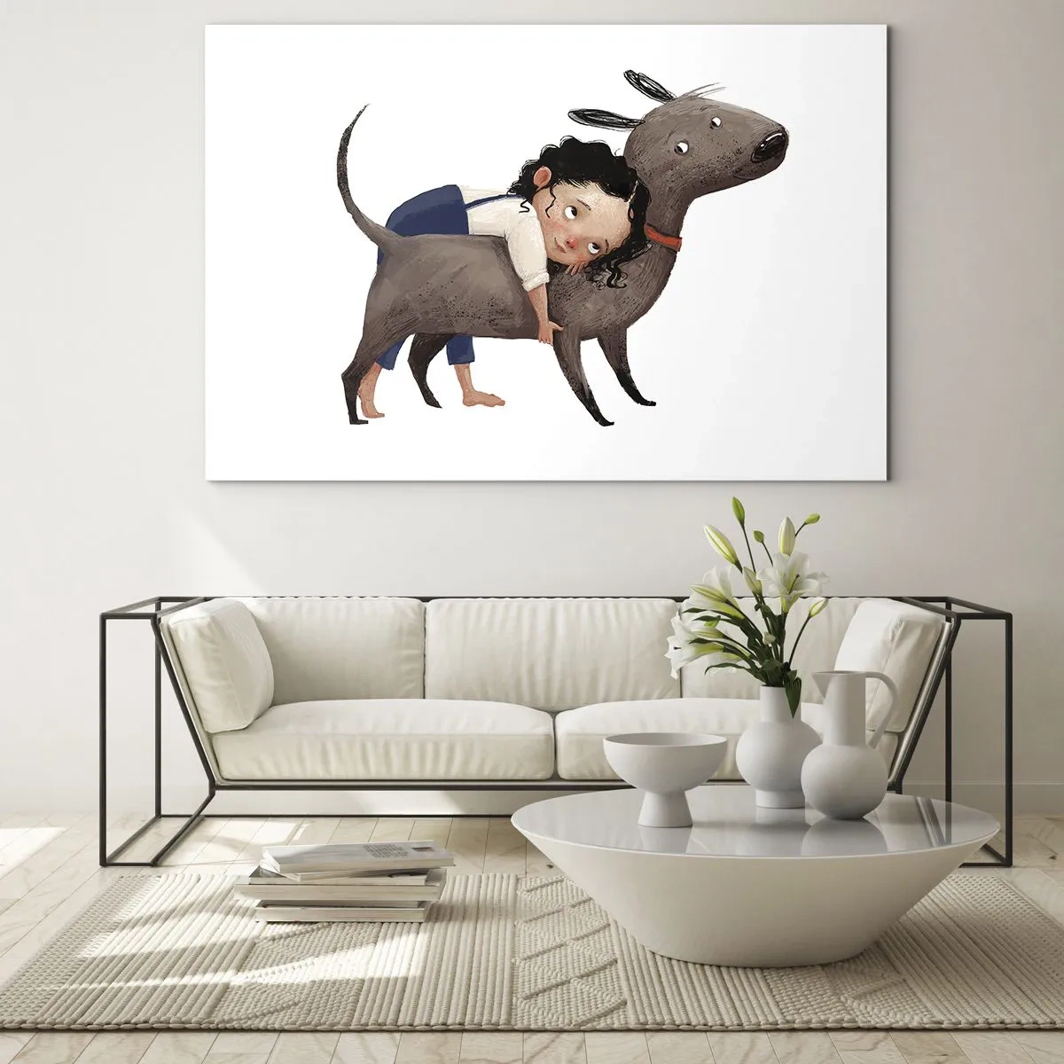 Üveg kép - Egy lány átölel egy nagy kutyát fehér alapon - 70x50cm - Legjobb barátok - Modern fali dekoráció nappalihoz és hálószobához ARTTOR