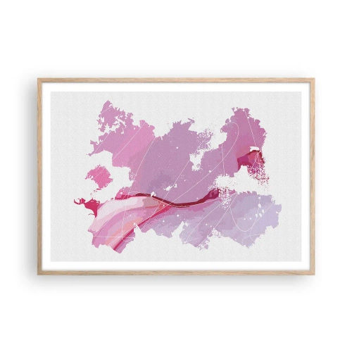 Poszter világos tölgy keretben - Egy rózsaszín világ térképe - 100x70 cm