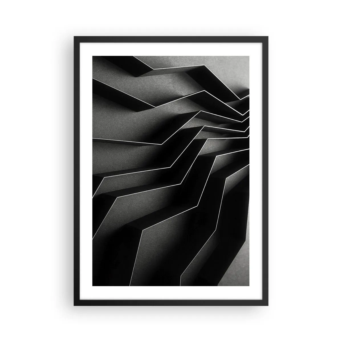Poszter fehér keretben - Geometrikus, térbeli struktúrák fekete-fehér kompozíciója - 50x70cm - Térbeli rend - Modern fali dekoráció nappalihoz és hálószobához ARTTOR