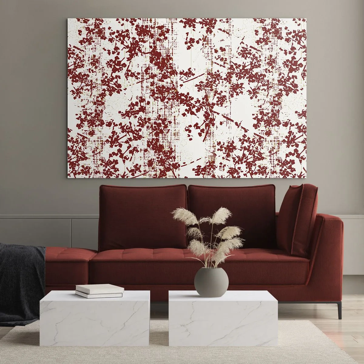 Üveg kép - Piros virágminta világos, kopott háttéren - 70x50cm - Mint egy régi perkál - Modern fali dekoráció nappalihoz és hálószobához ARTTOR