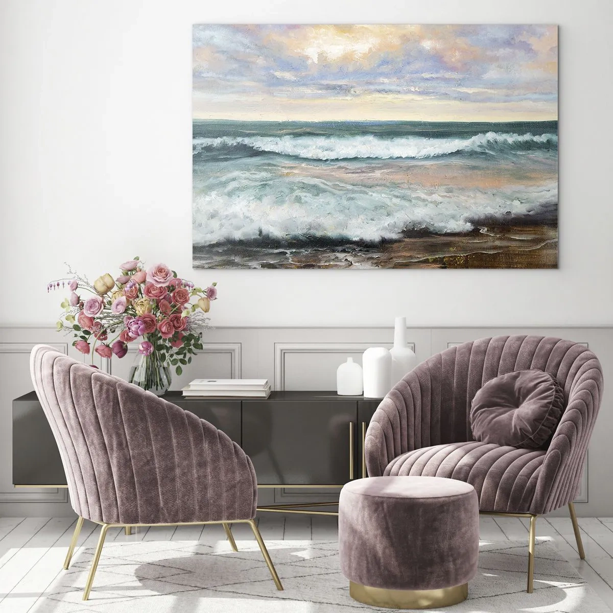 Üveg kép - Egy festmény, amely a partnak csapódó hullámokat ábrázolja - 70x50cm - Itt kisimítod a lelked - Modern fali dekoráció nappalihoz és hálószobához ARTTOR