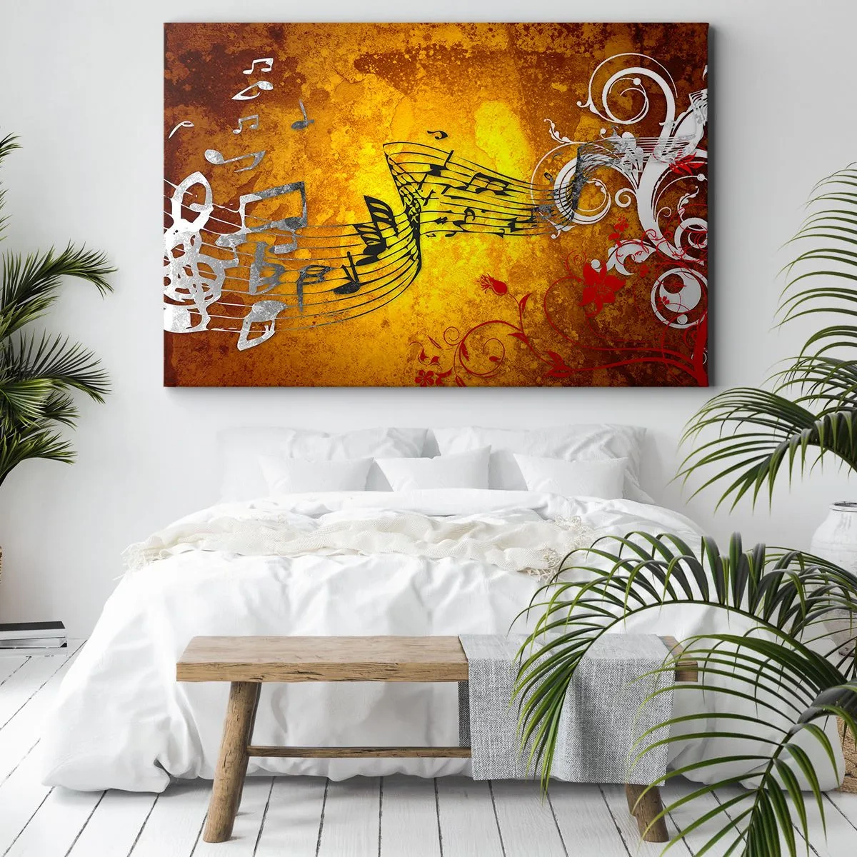 Vászonkép - Absztrakt hangjegyek színes háttérrel, díszekkel - 70x50cm - Áradjon a zene - Modern fali dekoráció nappalihoz és hálószobához ARTTOR