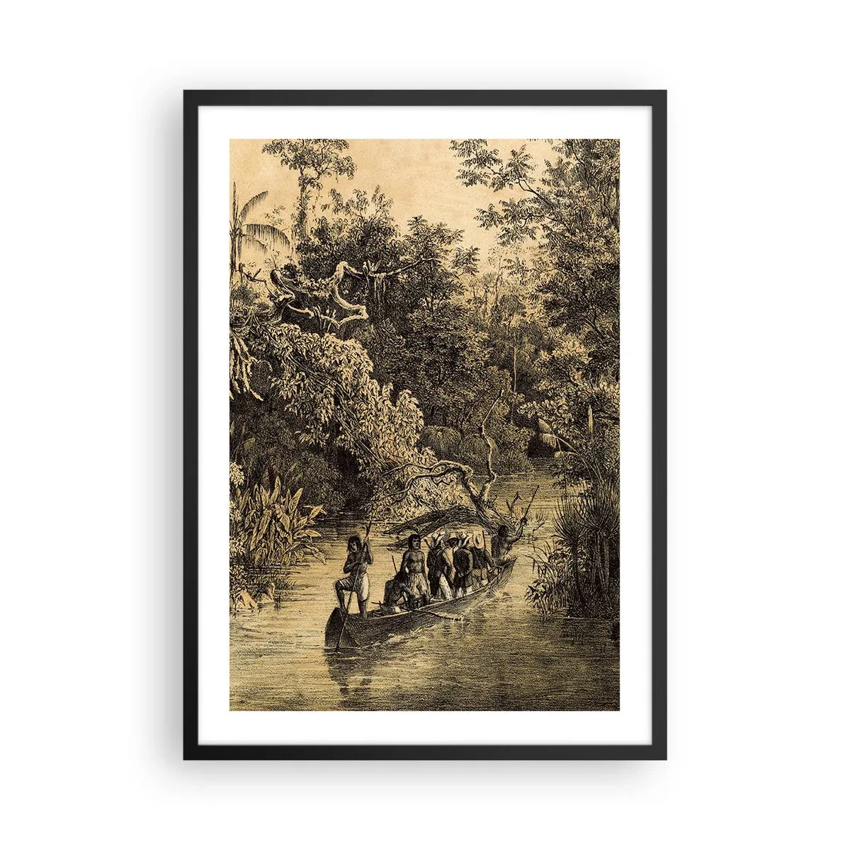 Poszter fehér keretben - Egy trópusi erdő és egy folyón lévő hajó metszete - 50x70cm - Expedíció a forráshoz - Modern fali dekoráció nappalihoz és hálószobához ARTTOR