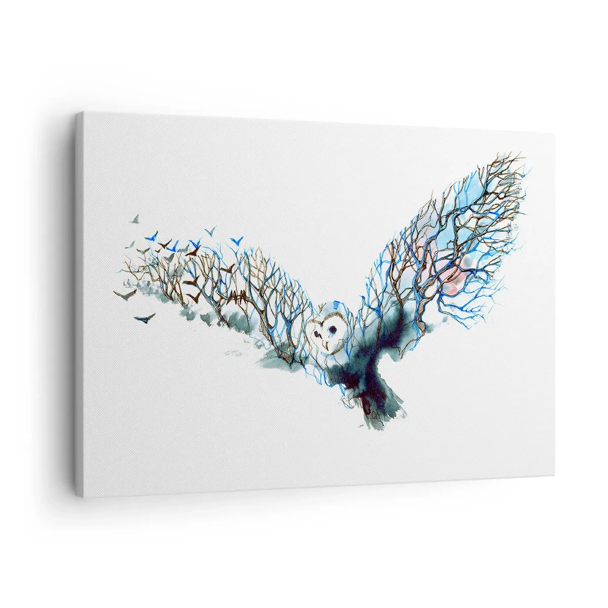 Vászonkép - Egy bagoly művészi grafikája kiterjesztett szárnyakkal - 70x50cm - Az erdő szárnyain - Modern fali dekoráció nappalihoz és hálószobához ARTTOR