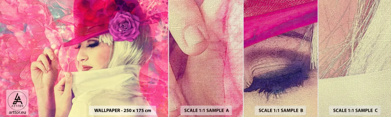 Fotótapéta Minta Premium Canvas - Retro portré rózsaszín ködben - Nő Kalapban, Virágok, Divat - 100x30 cm