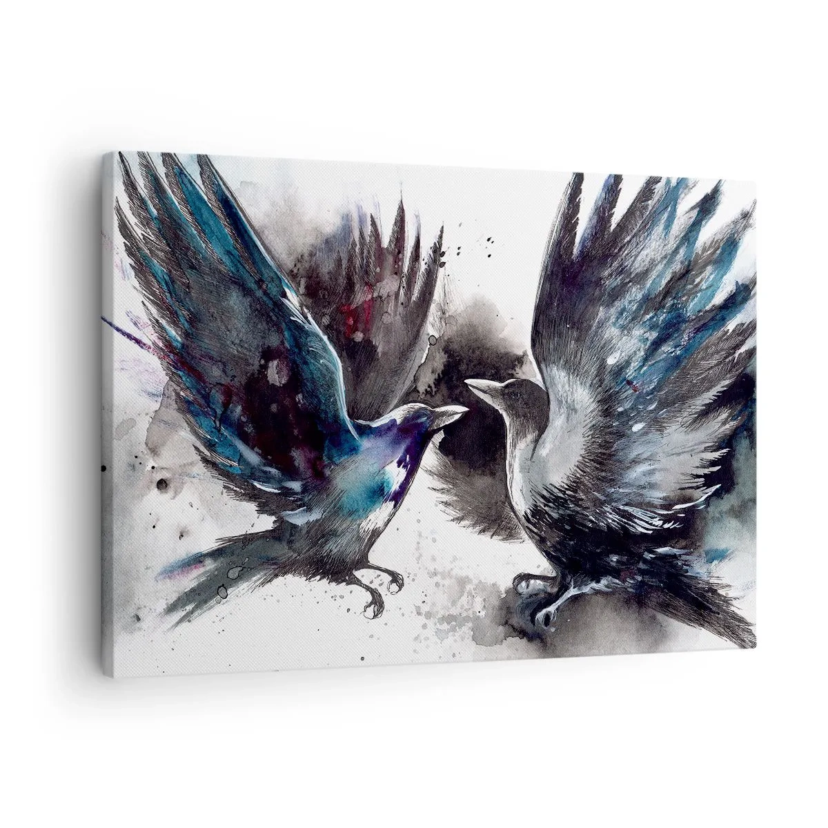 Vászonkép - Művészi hollók dinamikus akvarell kompozícióban - 70x50cm - Varjú a varjúnak… - Modern fali dekoráció nappalihoz és hálószobához ARTTOR