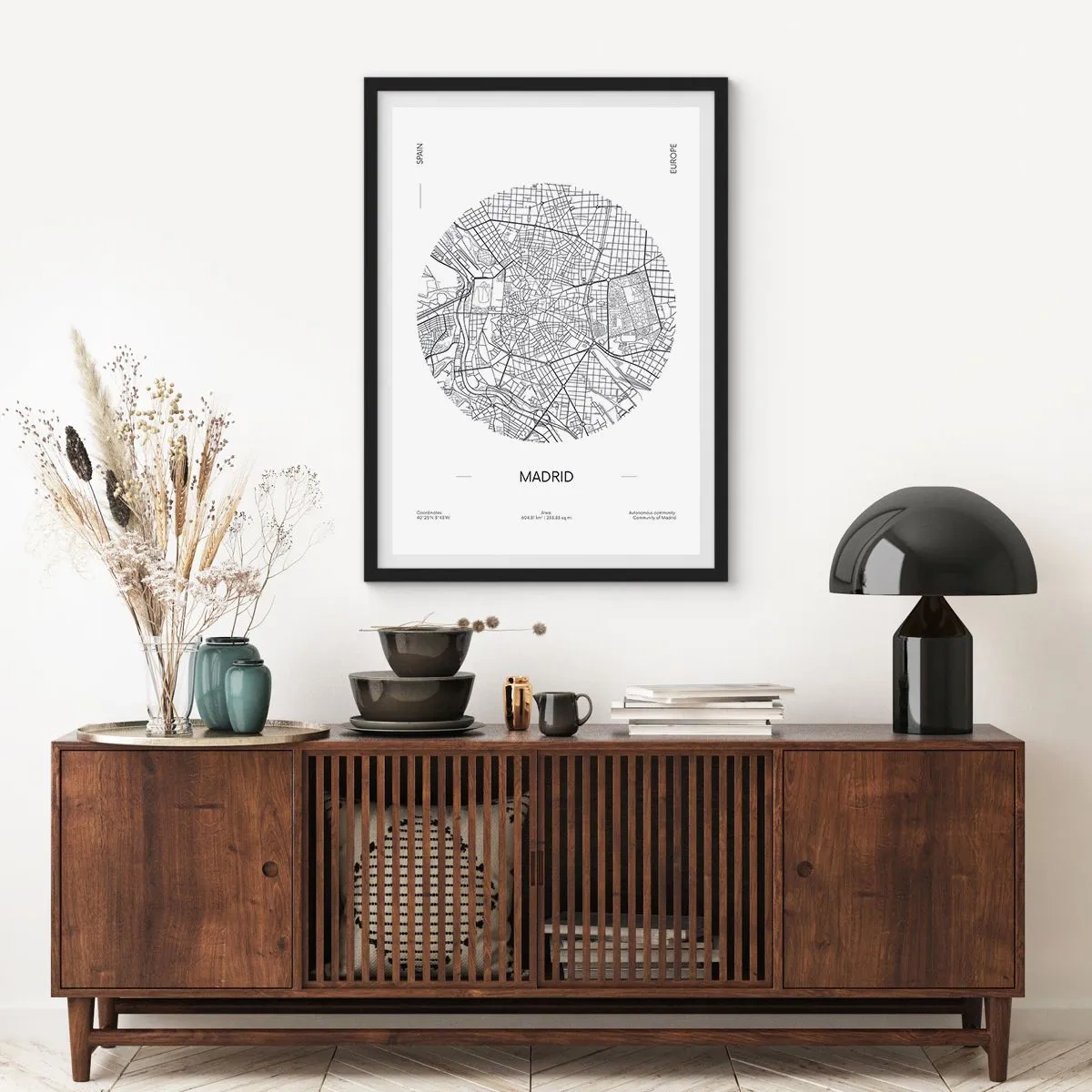 Poszter fehér keretben - Madrid minimalista fekete-fehér térképe. - 50x70cm - Madrid anatómiája - Modern fali dekoráció nappalihoz és hálószobához ARTTOR