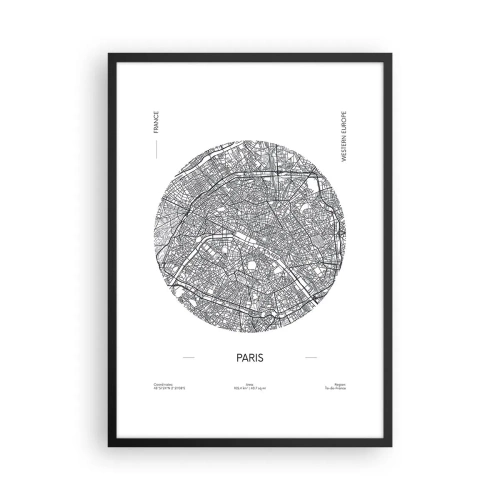 Poszter fehér keretben - Minimalista Párizs térképe körben - 50x70cm - Párizs anatómiája - Modern fali dekoráció nappalihoz és hálószobához ARTTOR