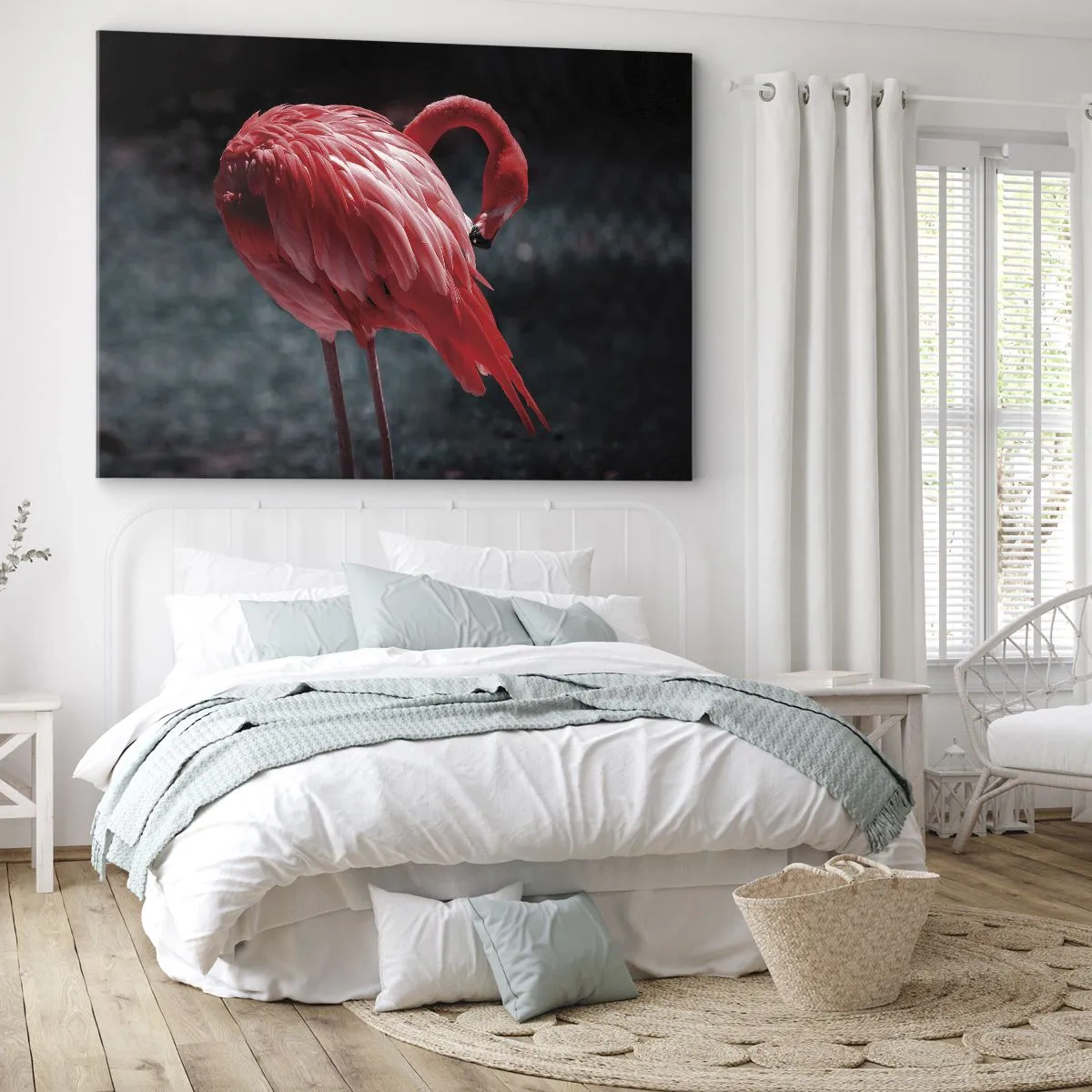 Vászonkép - Rózsaszín flamingó sötétzöld háttér előtt - 70x50cm - A természet karmazsinvörös verse - Modern fali dekoráció nappalihoz és hálószobához ARTTOR