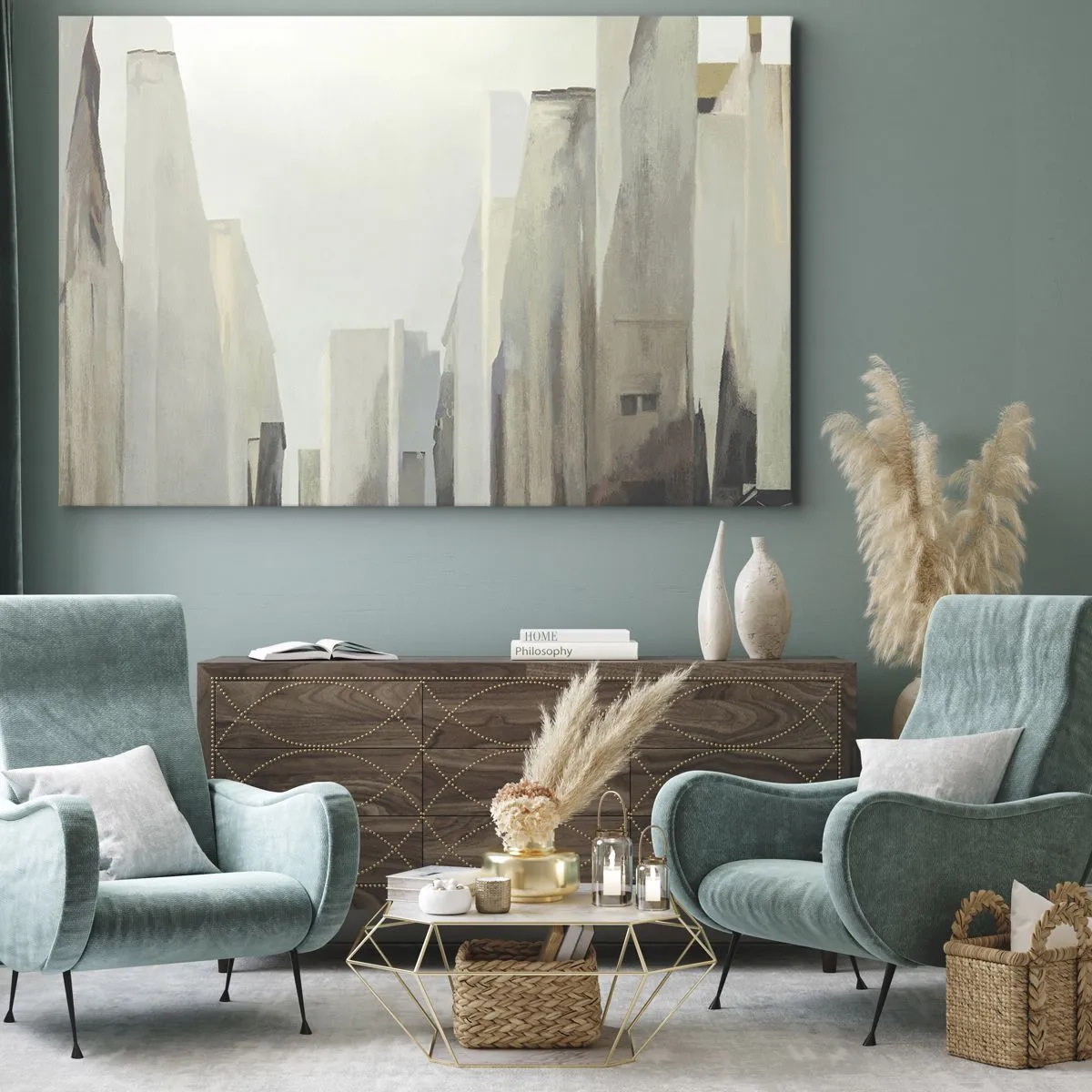 Vászonkép - Absztrakt városkép pasztell árnyalatokban - 70x50cm - Álom a városról - Modern fali dekoráció nappalihoz és hálószobához ARTTOR