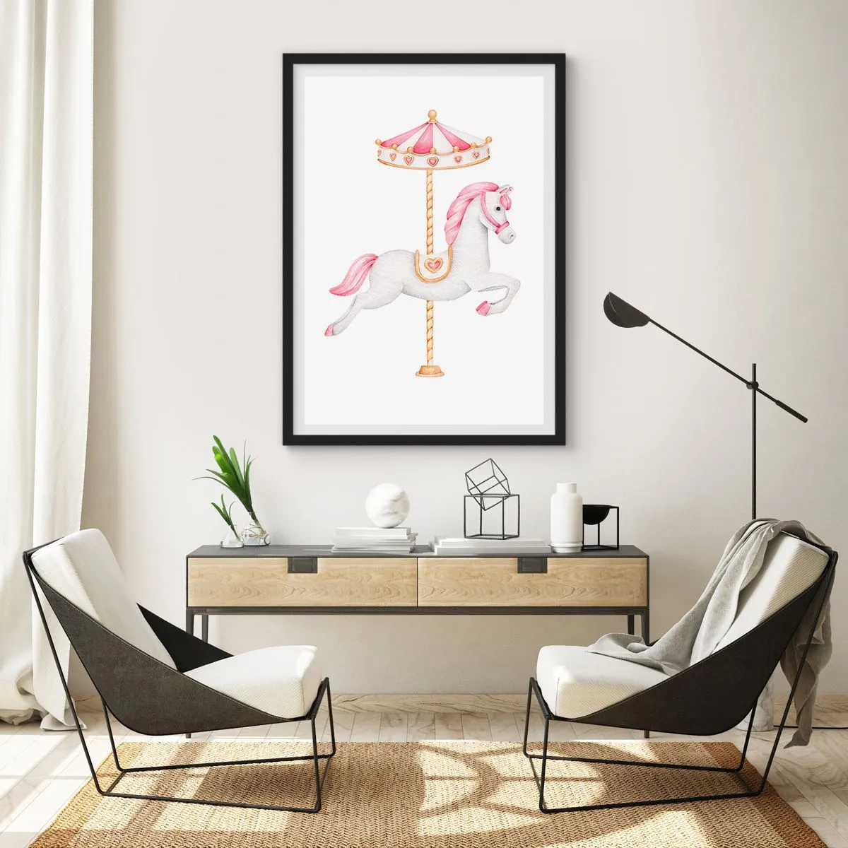 Poszter fehér keretben - Egy bájos fehér ló pasztellszínű körhintán - 50x70cm - Elindult egy patával - Modern fali dekoráció nappalihoz és hálószobához ARTTOR