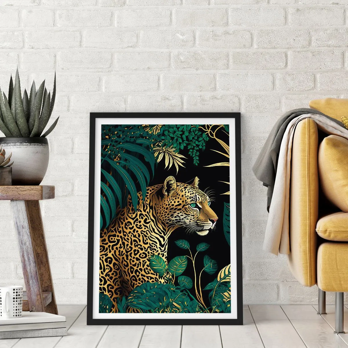 Poszter fehér keretben - Arany leopárd a trópusi dzsungelben - 50x70cm - A házigazda a dzsungelben - Modern fali dekoráció nappalihoz és hálószobához ARTTOR