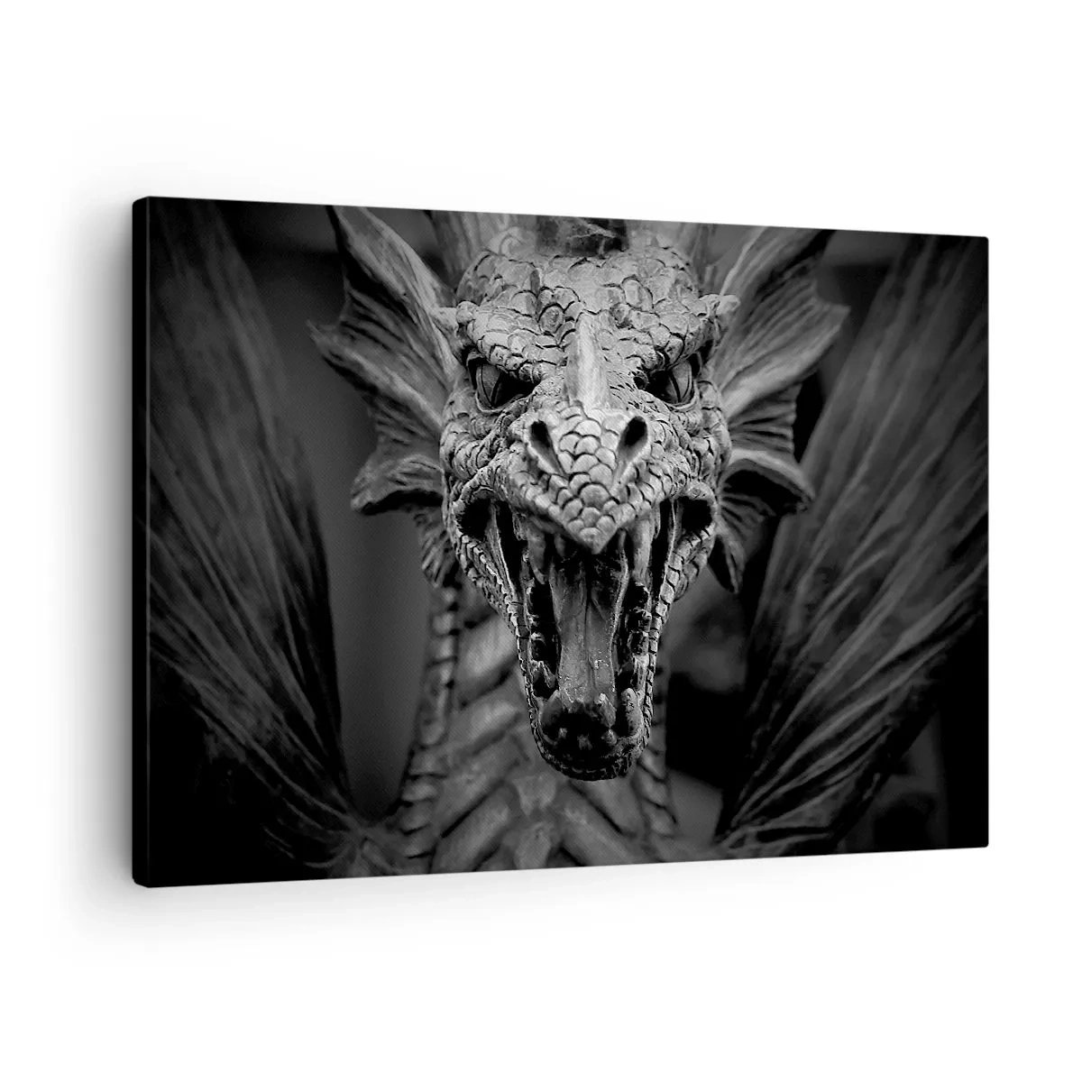 Vászonkép - Egy fenyegető sárkányfej fekete-fehérben, kifejező részletekkel. - 70x50cm - Mesebeli sárkány szürke színben - Modern fali dekoráció nappalihoz és hálószobához ARTTOR