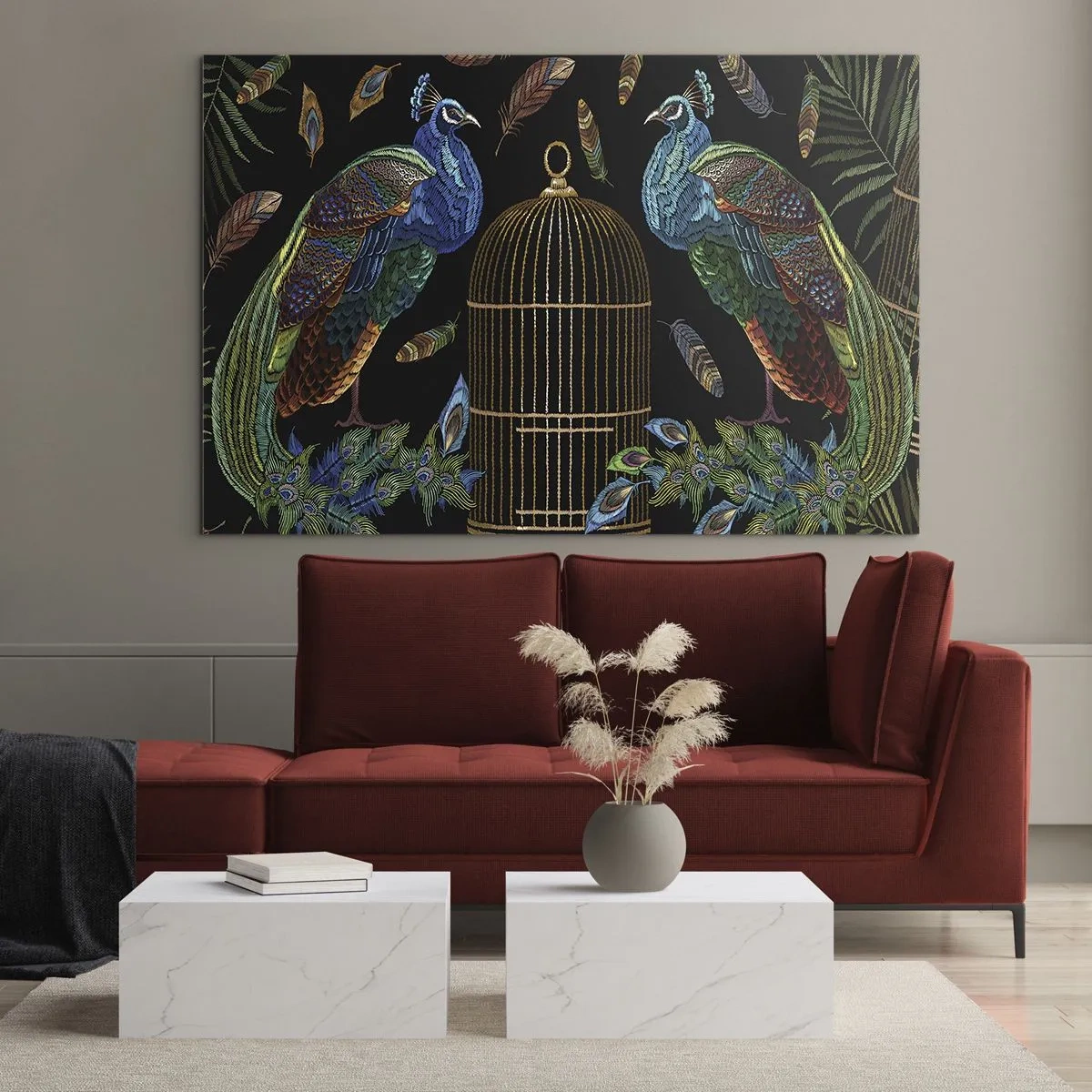 Üveg kép - Színes pávák és egy kalitka fekete alapon - 70x50cm - Királyi köntösben - Modern fali dekoráció nappalihoz és hálószobához ARTTOR