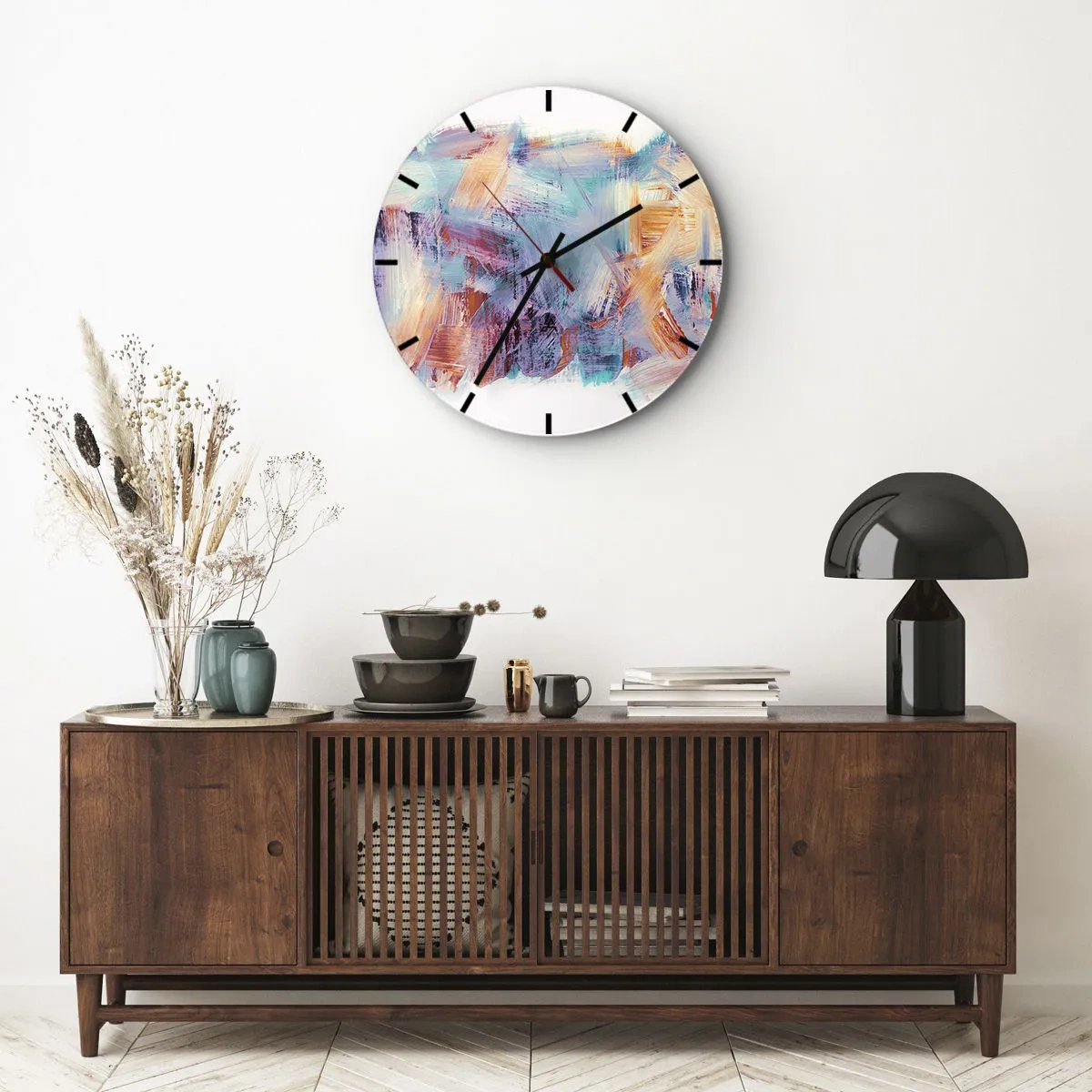 Falióra, Óra - Dinamikus ecsetvonások élénk színekben - 30x30cm - Színes rendetlenség - Modern fali dekoráció nappalihoz, konyhához és hálószobához ARTTOR