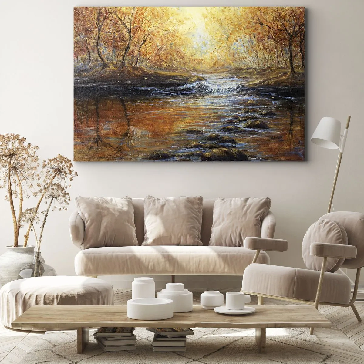 Vászonkép - Őszi táj egy folyóval a fák között - 70x50cm - Az Arany Patak - Modern fali dekoráció nappalihoz és hálószobához ARTTOR