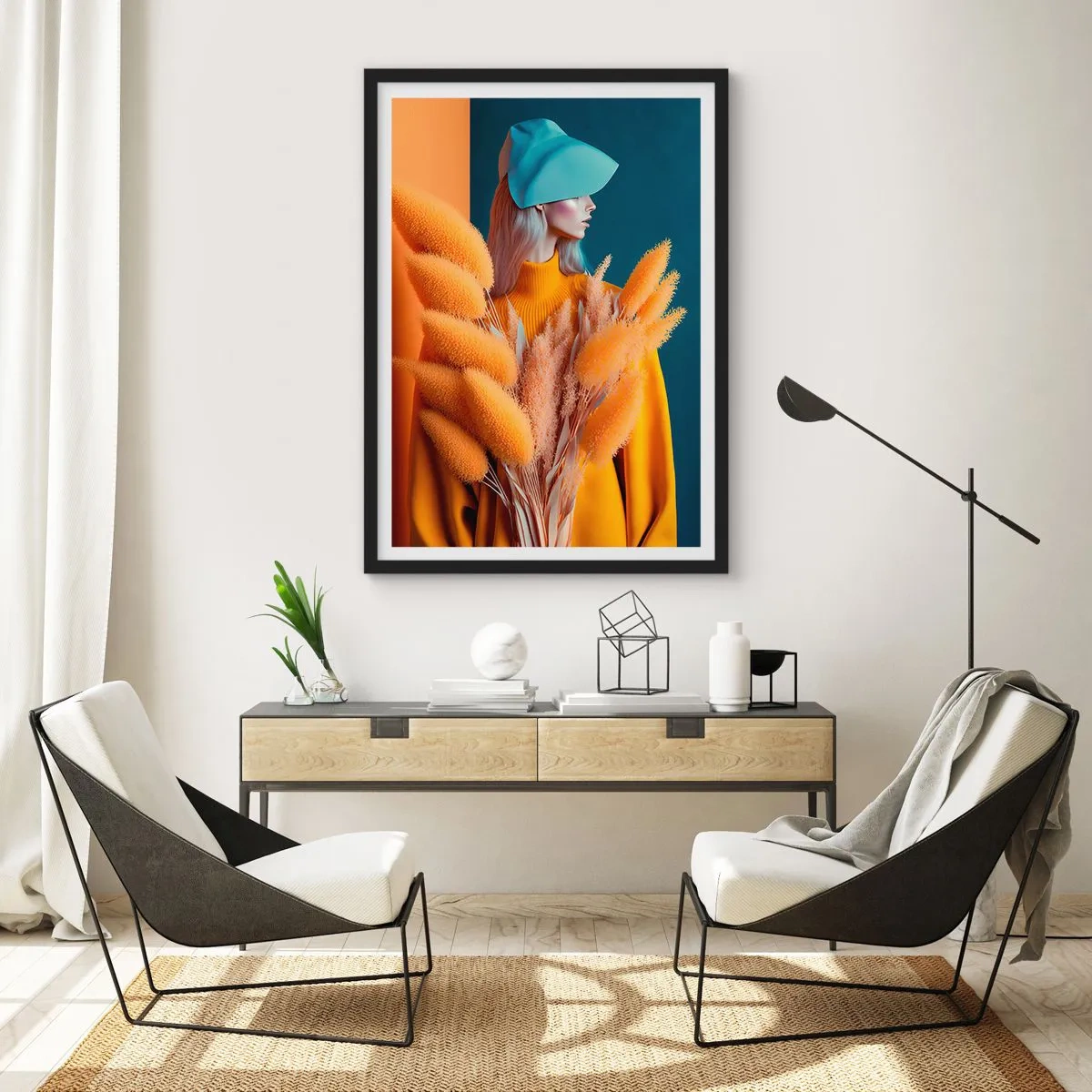 Poszter fehér keretben - Egy modern portré egy nőről meleg színekkel - 50x70cm - Bolyhos portré - Modern fali dekoráció nappalihoz és hálószobához ARTTOR