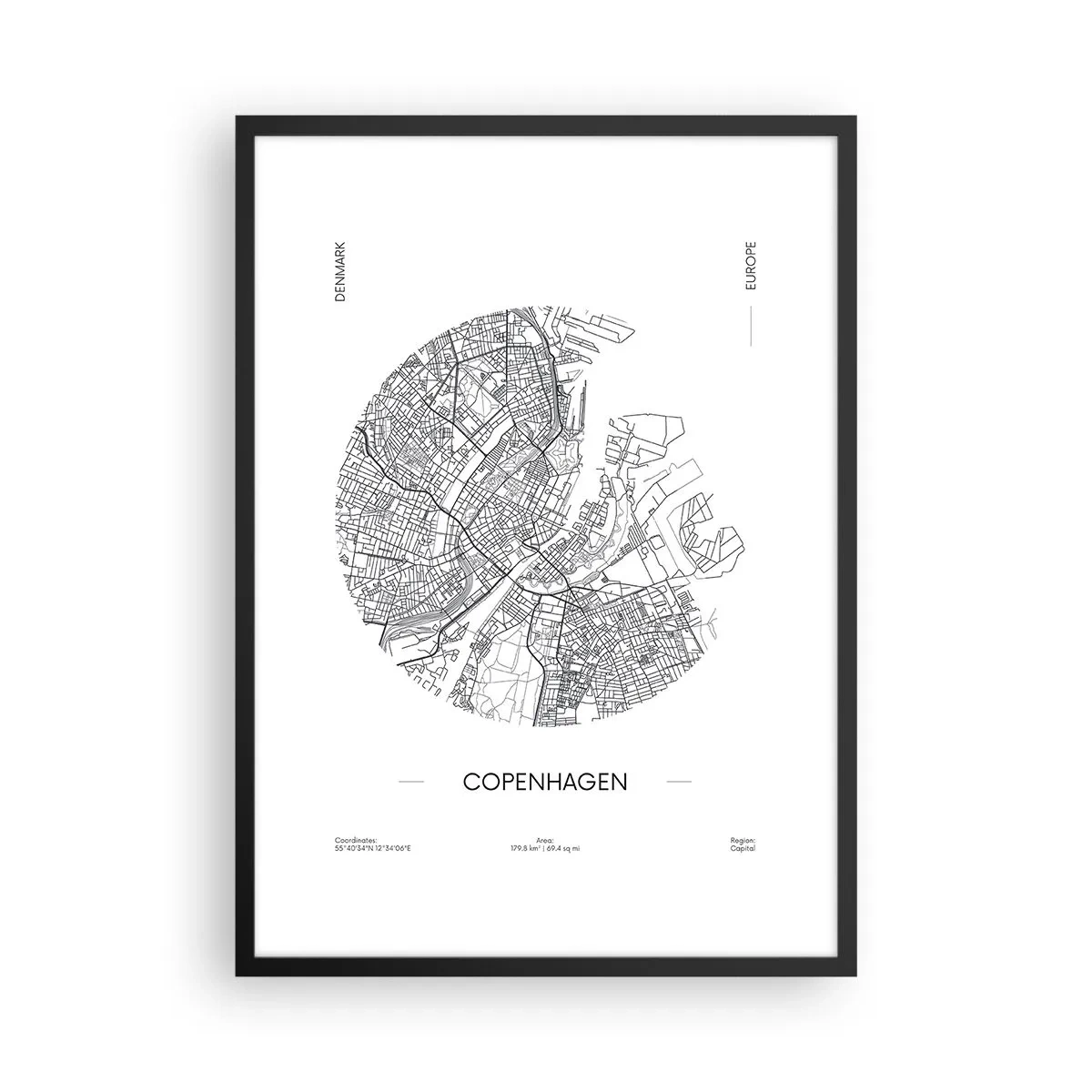 Poszter fehér keretben - Koppenhága minimalista fekete-fehér térképe. - 50x70cm - Koppenhága anatómiája - Modern fali dekoráció nappalihoz és hálószobához ARTTOR