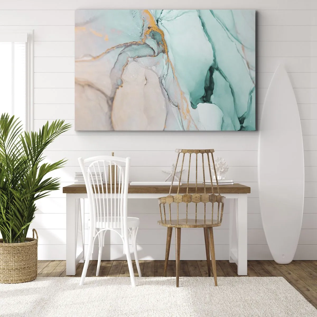 Vászonkép - Egy absztrakt kompozíció türkiz és arany árnyalatokban. - 70x50cm - Formák és színek tánca - Modern fali dekoráció nappalihoz és hálószobához ARTTOR