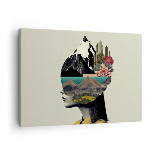 Vászonkép - Kollázs egy nőről hegyi tájjal és virágokkal - 70x50cm - Nő - mindig rejtély - Modern fali dekoráció nappalihoz és hálószobához ARTTOR