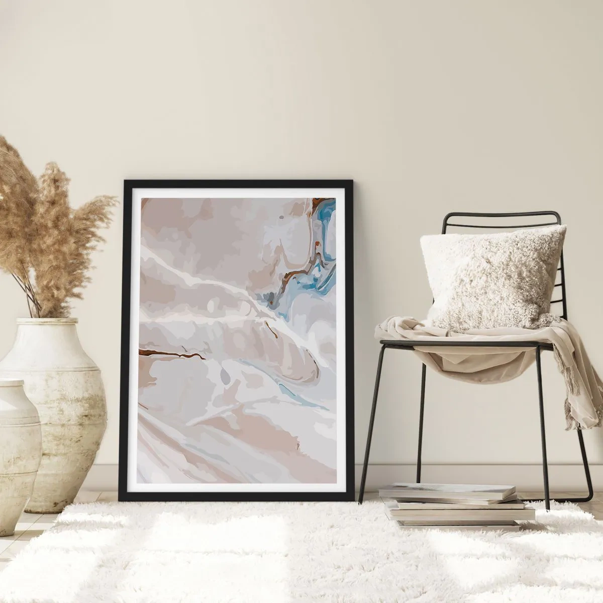 Poszter fehér keretben - Márványminta finom bézs és kék árnyalatokban - 50x70cm - Kék kanyarog a fehér alatt - Modern fali dekoráció nappalihoz és hálószobához ARTTOR