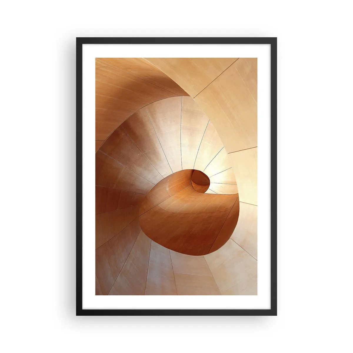 Poszter fehér keretben - Arany árnyalatú fa spirálszerkezet - 50x70cm - Építészeti szerpentin - Modern fali dekoráció nappalihoz és hálószobához ARTTOR
