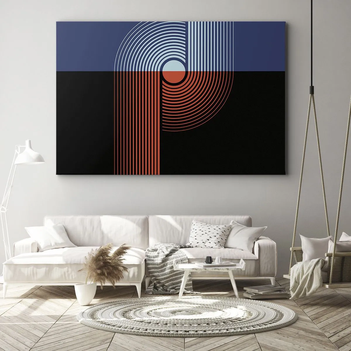 Vászonkép - Geometrikus absztrakció sötétkék és narancssárga vonalakkal. - 70x50cm - Geometrikus ölelésben - Modern fali dekoráció nappalihoz és hálószobához ARTTOR