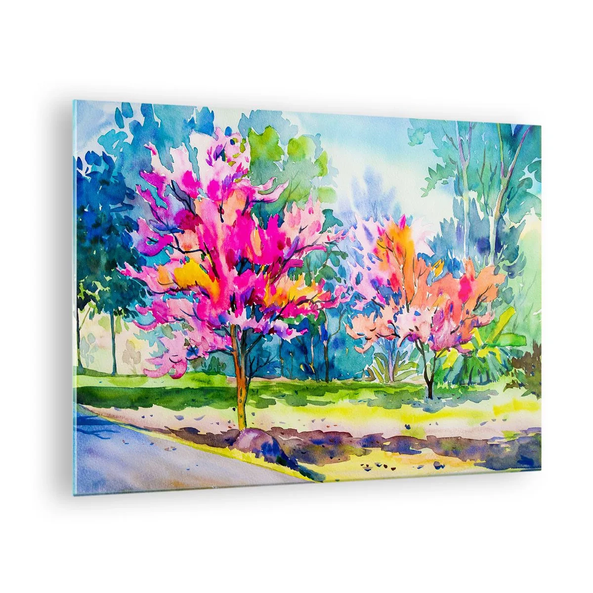 Üveg kép - Színes fák a parkban, akvarell technikával festve - 70x50cm - Szivárvány kert a tavaszi fényben - Modern fali dekoráció nappalihoz és hálószobához ARTTOR