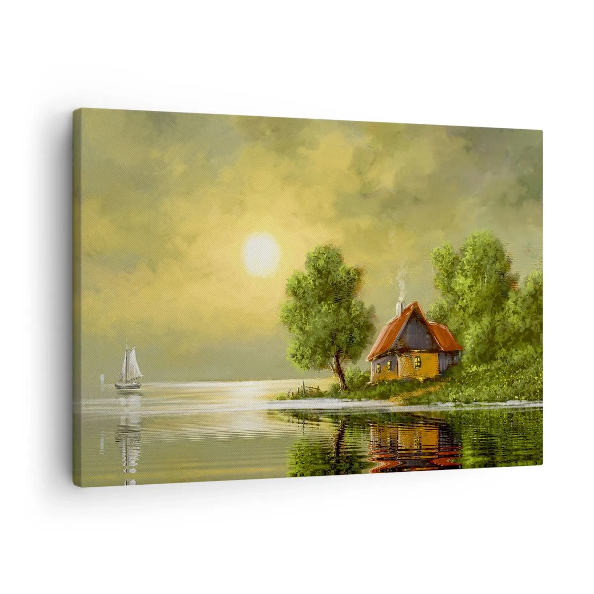 Vászonkép - Tóparti ház naplemente fényében - 70x50cm - Gyönyörű, mint egy képen - Modern fali dekoráció nappalihoz és hálószobához ARTTOR