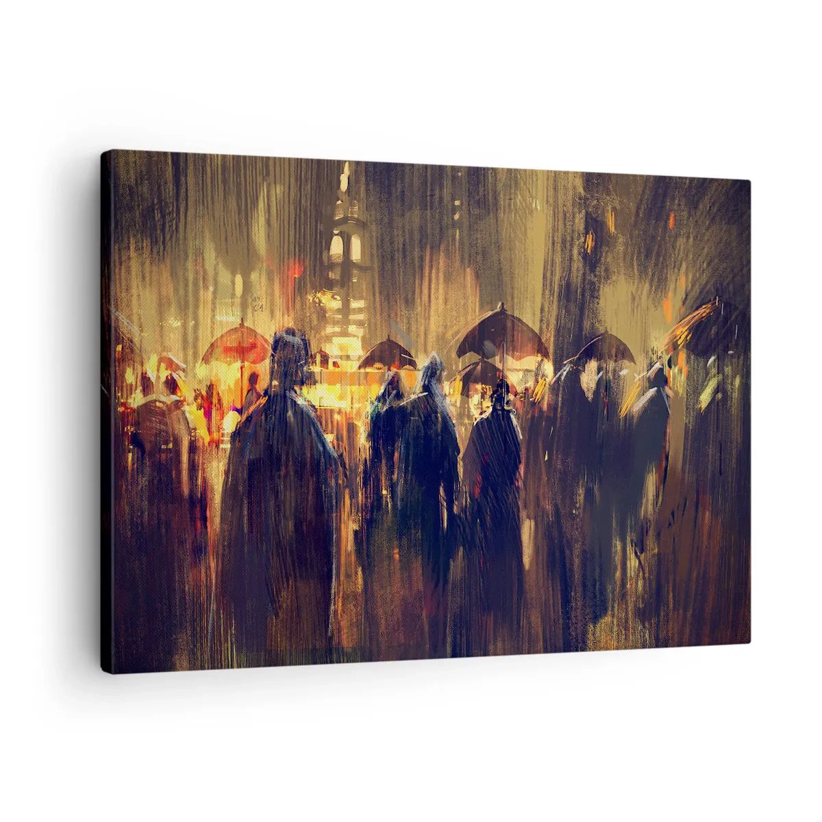 Vászonkép - Esernyős alakok egy esős városban éjszaka - 70x50cm - Az eső imádói - Modern fali dekoráció nappalihoz és hálószobához ARTTOR
