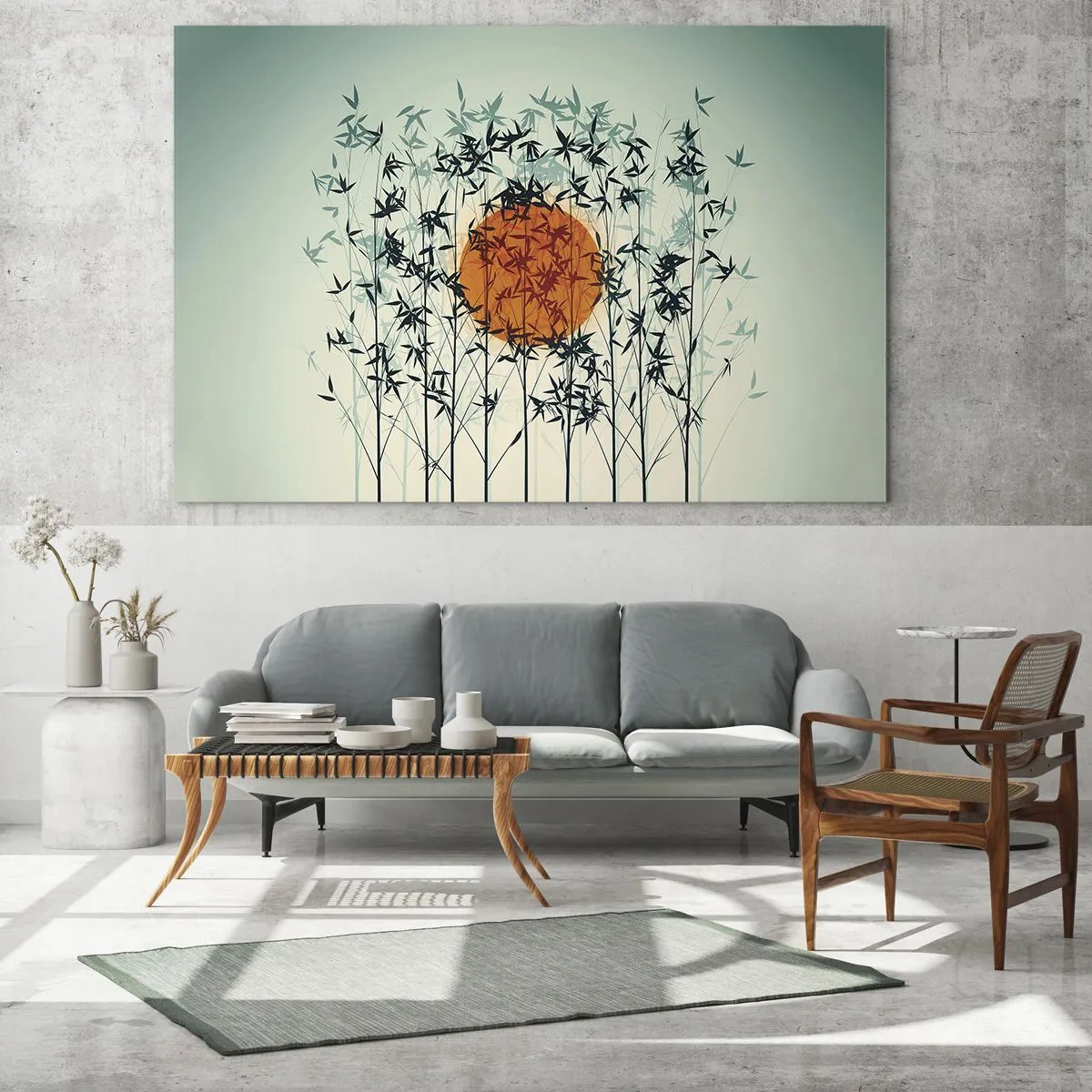 Üveg kép - Vörös nap a finom bambuszlevelek között - 70x50cm - Japán nap - Modern fali dekoráció nappalihoz és hálószobához ARTTOR