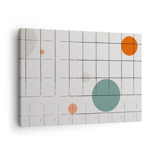 Vászonkép - Absztrakt színes körök geometrikus rácsos háttéren - 70x50cm - Csapdába esve. Mi vagy ők? - Modern fali dekoráció nappalihoz és hálószobához ARTTOR