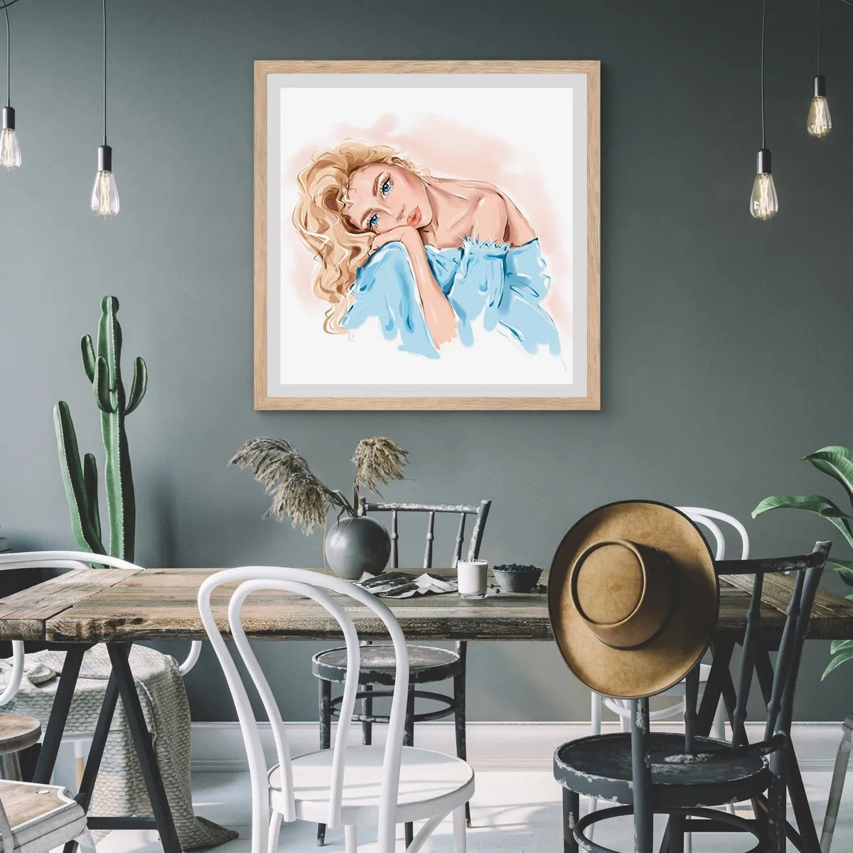 Poszter világos tölgy keretben - Álmodozó a kékben - 60x60 cm