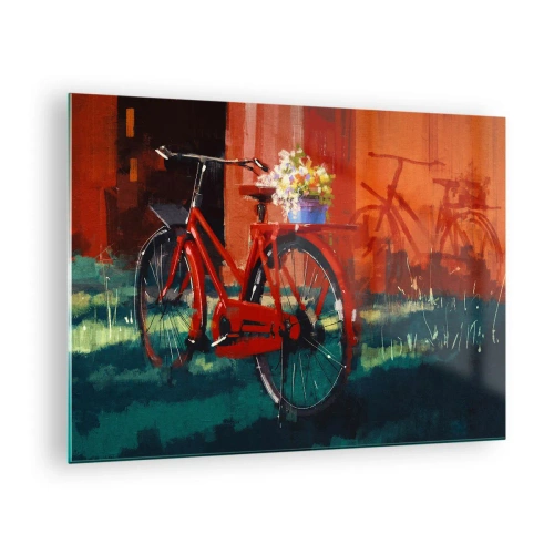Üveg kép - Egy piros bicikli virágokkal egy piros épület előtt - 70x50cm - I want to ride my bicycle - Modern fali dekoráció nappalihoz és hálószobához ARTTOR