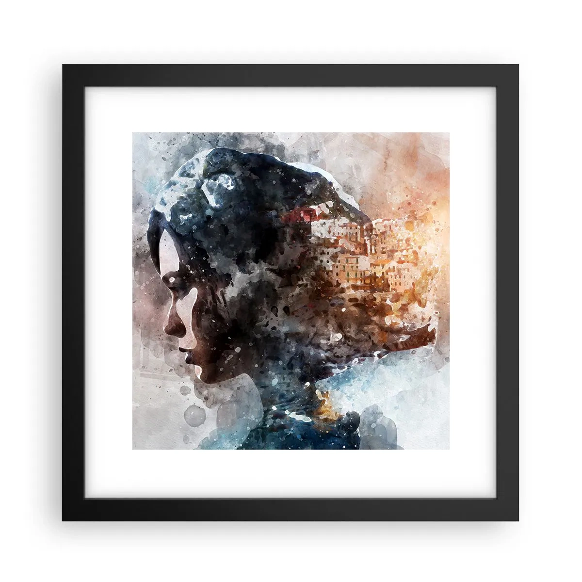 Poszter fehér keretben - Történet egy lányról, várossal a háttérben - 30x30 cm