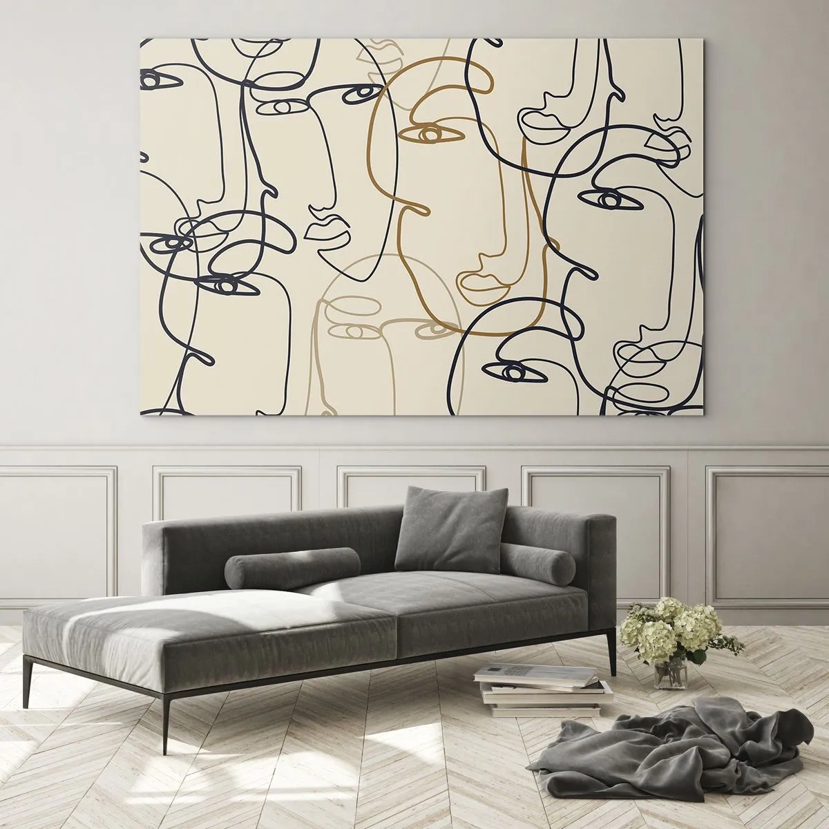 Üveg kép - Bézs alapon egyetlen ecsettel rajzolt kontúros arcok - 70x50cm - Többszörös portré - Modern fali dekoráció nappalihoz és hálószobához ARTTOR