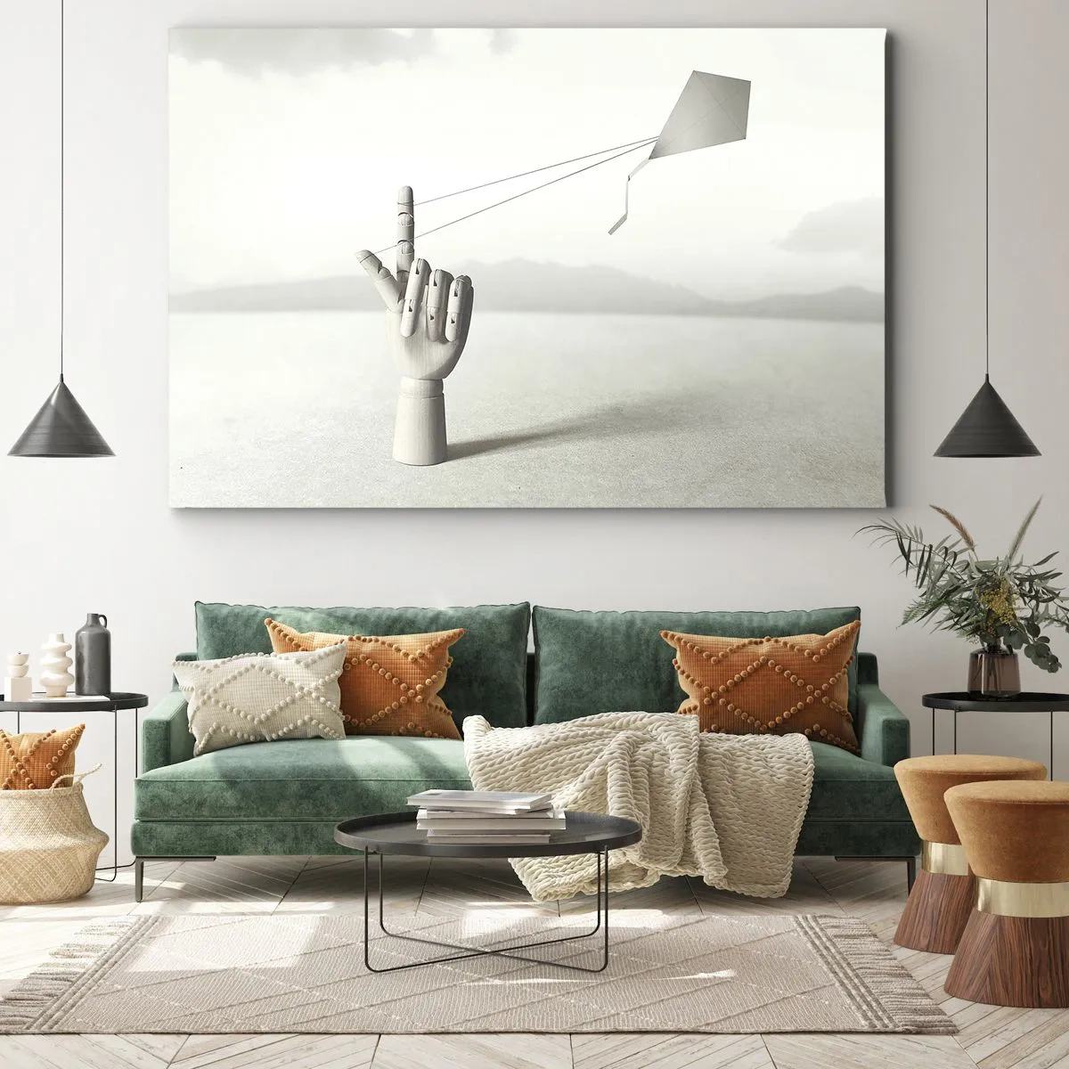 Vászonkép - Egy minimalista fa kéz sárkányrepülővel tájkép hátterében. - 70x50cm - Erőpróba - Modern fali dekoráció nappalihoz és hálószobához ARTTOR