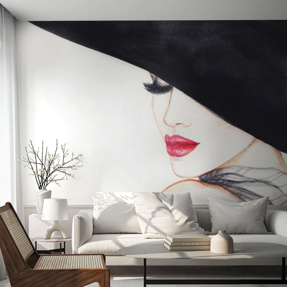 Fotótapéta Premium Sand - Elegancia és érzékiség - Nő, vörös ajkak, Fekete sapka - 100x70 cm
