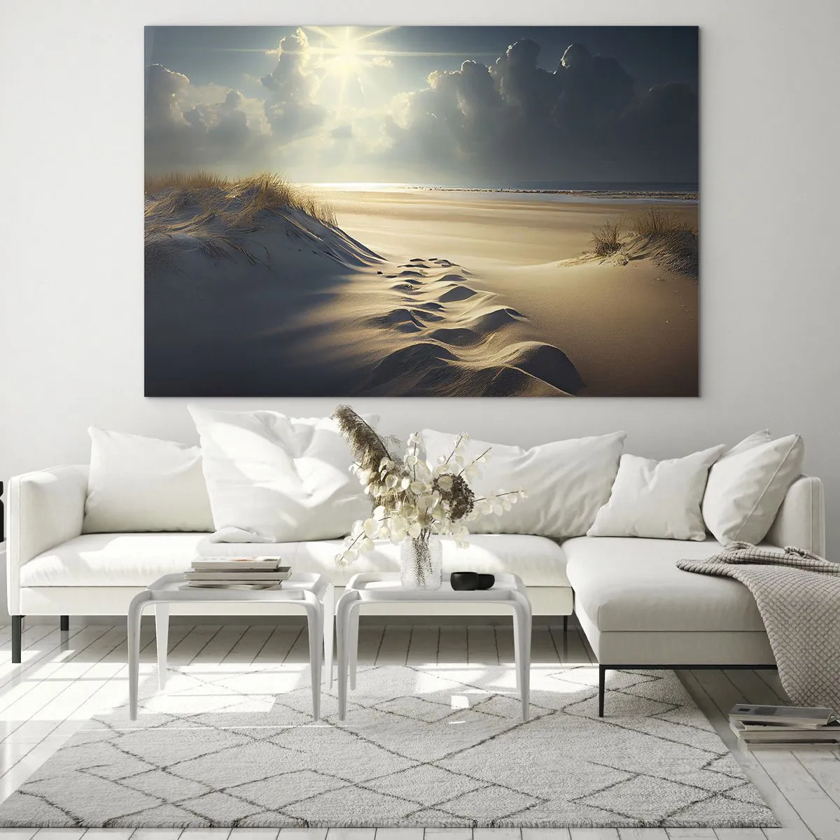 Üveg kép - A nap sugarai által megvilágított arany dűnék - 70x50cm - Megnyugtató táj - Modern fali dekoráció nappalihoz és hálószobához ARTTOR