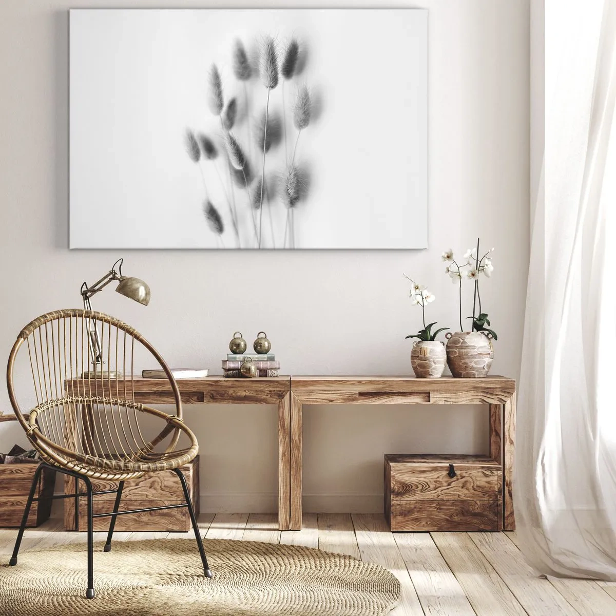 Vászonkép - Finom füvek szürke árnyalatokban fehér alapon - 70x50cm - A bolyhos fű - Modern fali dekoráció nappalihoz és hálószobához ARTTOR