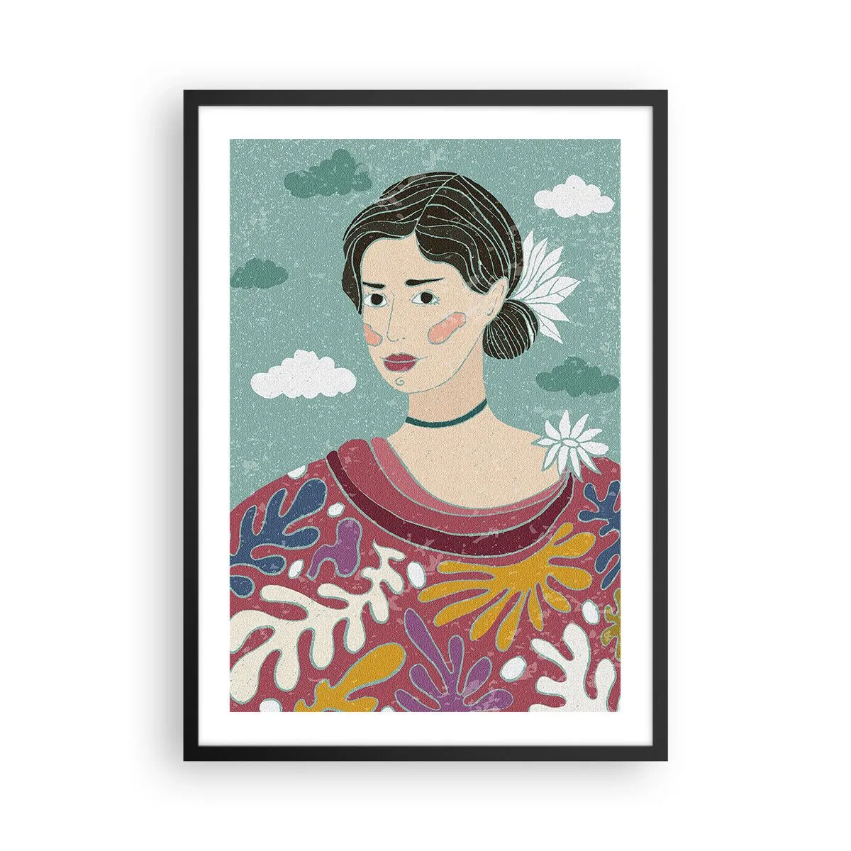 Poszter fehér keretben - Portré egy nőről színes, stilizált ruhában, felhők hátterében. - 50x70cm - Melankóliával a tekintetedben - Modern fali dekoráció nappalihoz és hálószobához ARTTOR