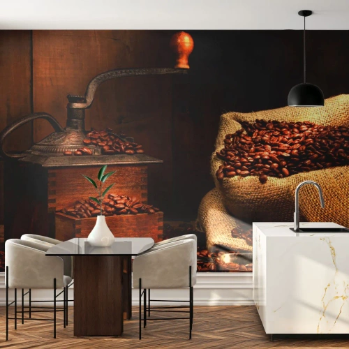 Fotótapéta Premium Sand - Csendélet szemes kávéval és darálóval - Gasztronómia, Kávé, Kávédaráló - 100x70 cm
