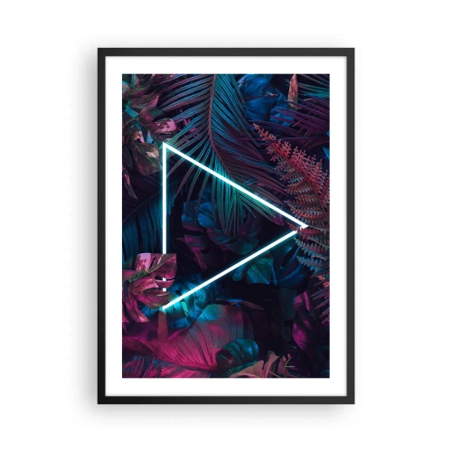 Poszter fehér keretben - Neon háromszög sötét trópusi növényzet hátterében. - 50x70cm - Disco stílusú kert - Modern fali dekoráció nappalihoz és hálószobához ARTTOR