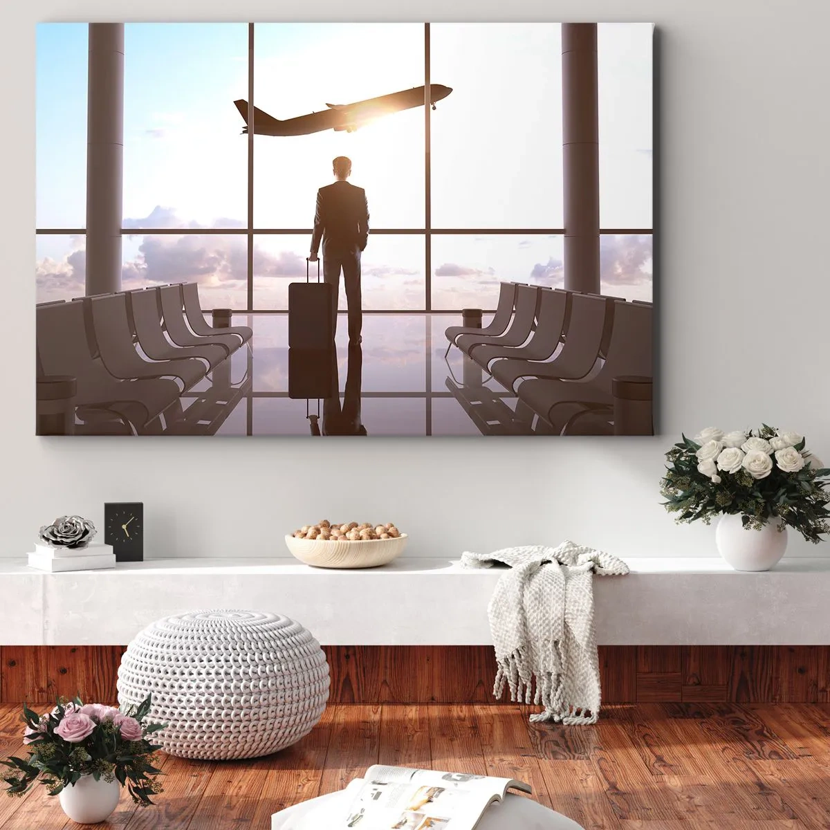 Vászonkép - Üzletember a repülőtéren, a háttérben egy repülőgéppel - 70x50cm - Van időd, lassíts - Modern fali dekoráció nappalihoz és hálószobához ARTTOR